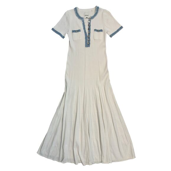 SANDRO ALECIA KNIT AND DENIM MIDI DRESS RIBBED NWOT- SIZE EU- 42/US-MEDIUM - Picture 2 of 14